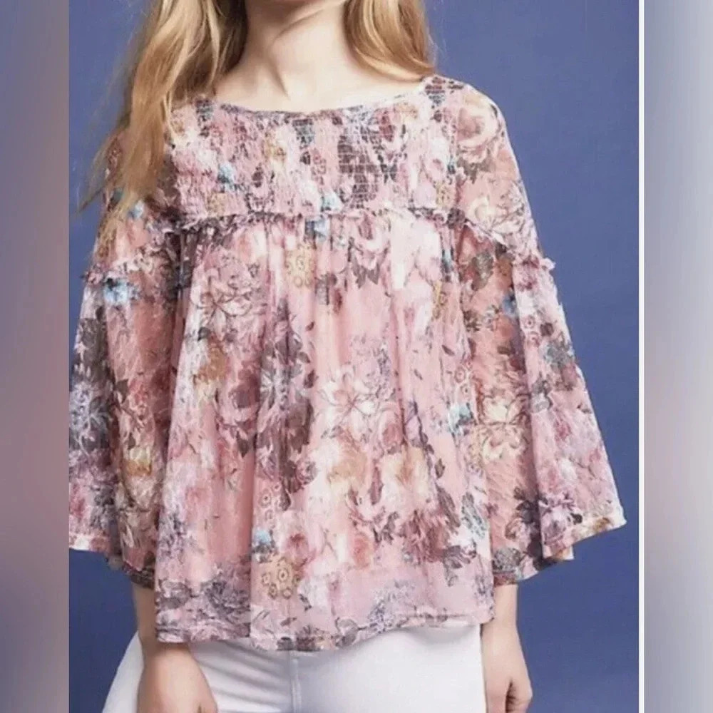 Anthropologie Akemi & Kin Womens Top Sheer Mesh Floral Top Flare Sleeve Pink